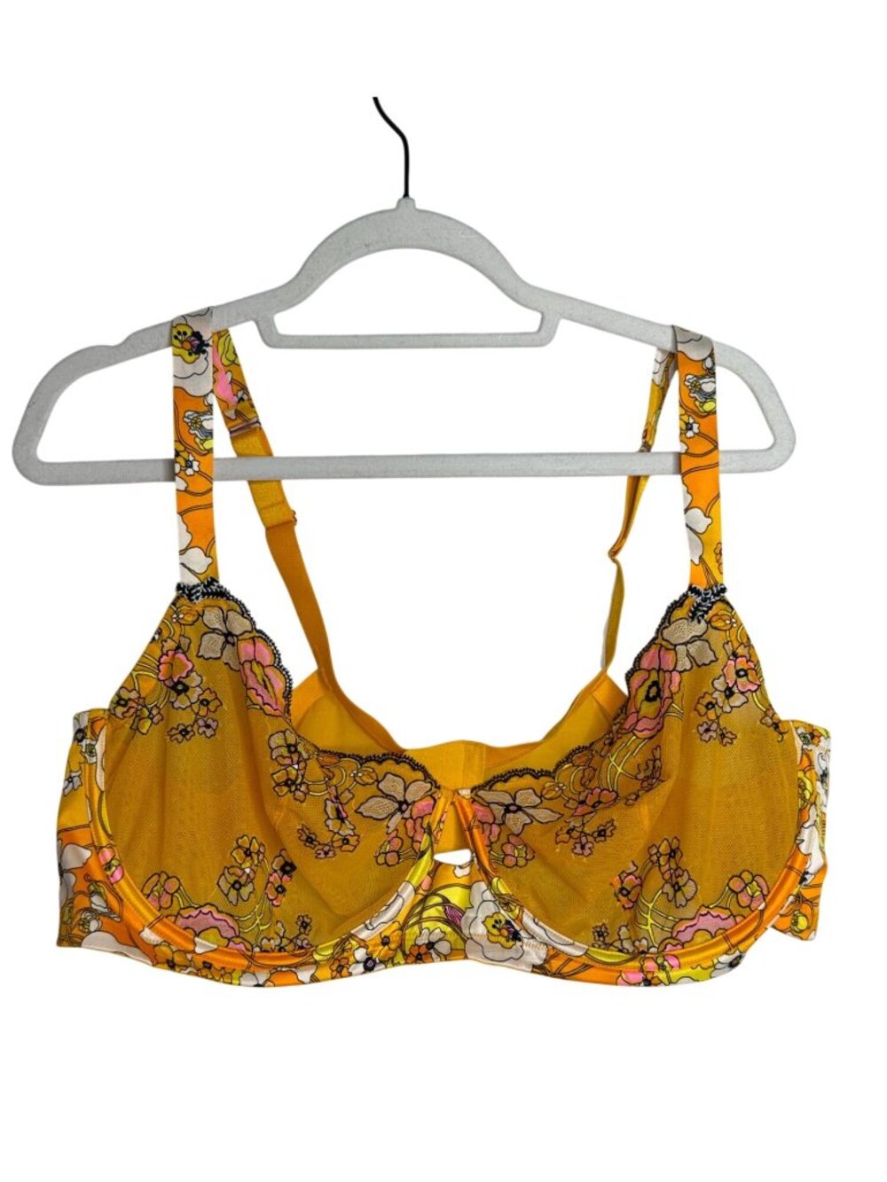 Savage X Fenty 40DD Floral Lace Bra Orange Yellow Underwire Retro Boho Romantic